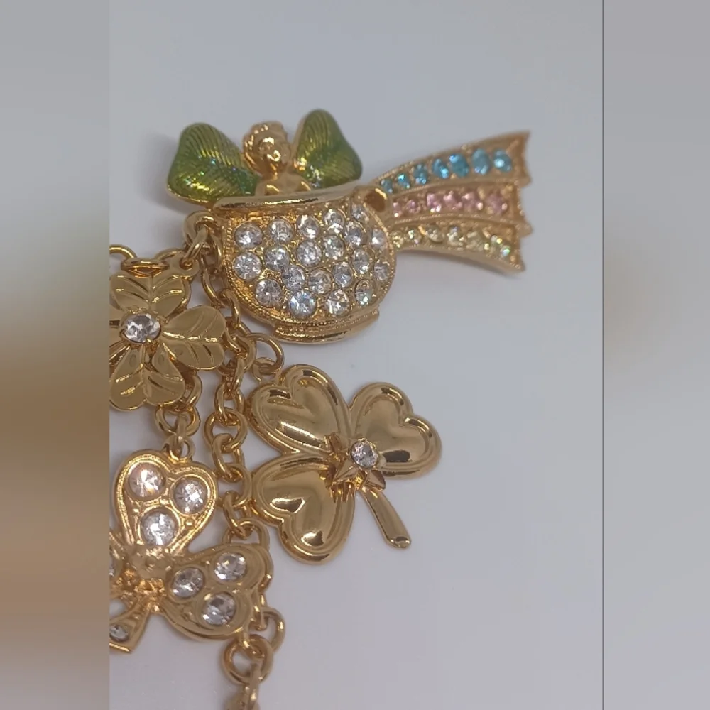 Vintage Kirks Folly Rainbow Clover Lucky Pot Of Gold Dangle Rhinestone Brooch